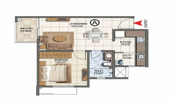 Prestige Evergreen 1 BHK Floor Plan
